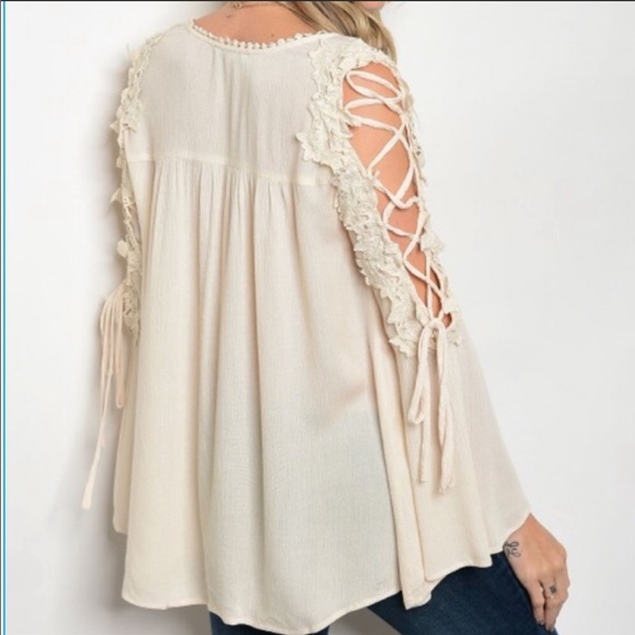 SOLD NWOT Corset Sleeve Ivory Crepe Blouse - Picture 3 of 8